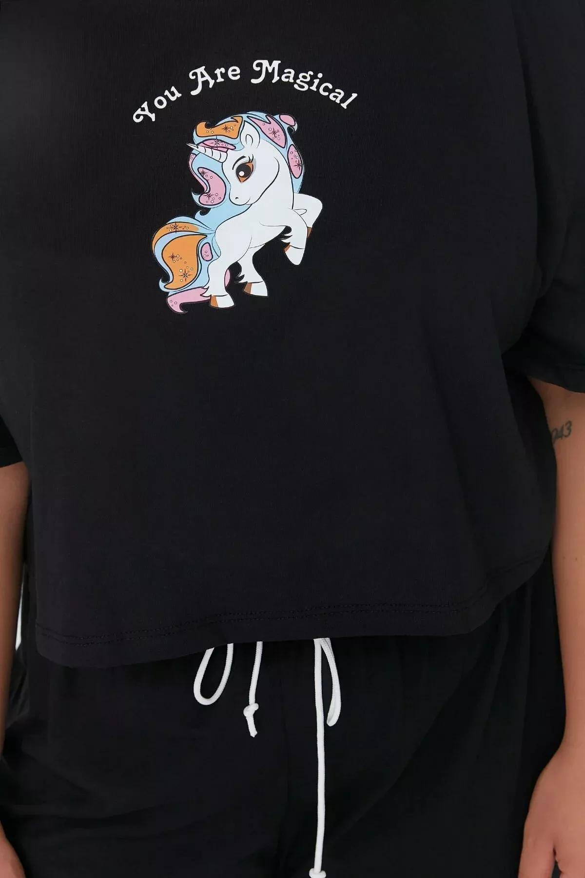 Black Printed Plus Size Pajama Set, Black, medium