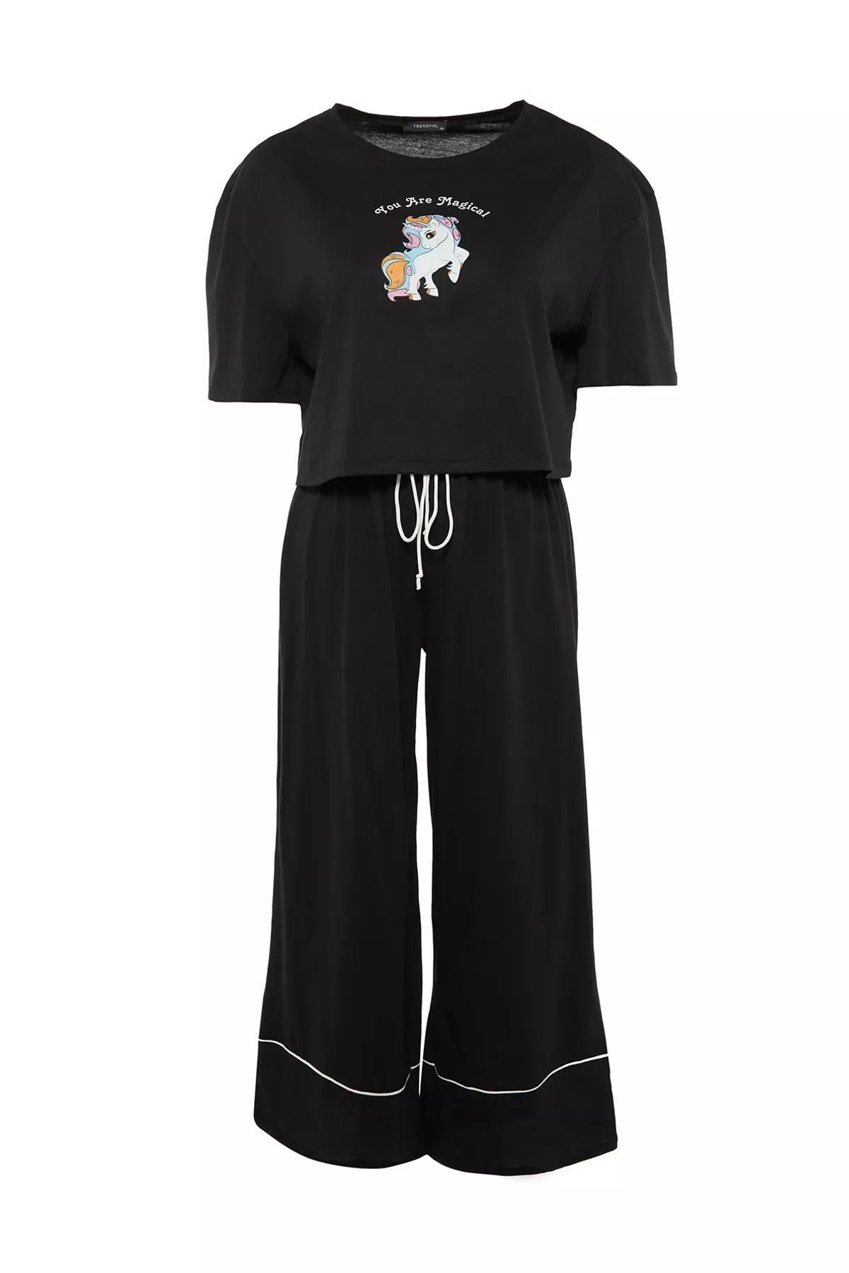 Black Printed Plus Size Pajama Set, , large image number 7