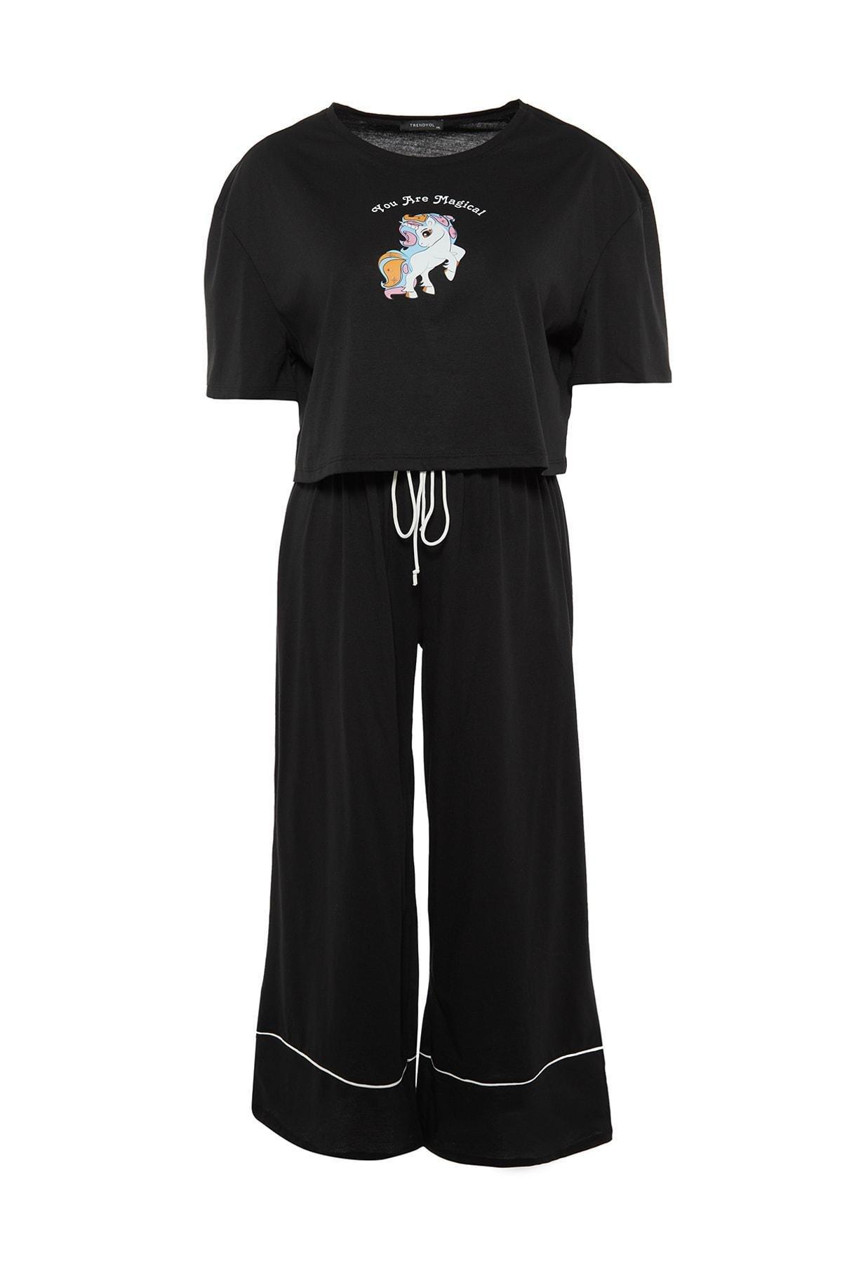 Trendyol - Black Printed Plus Size Pajama Set