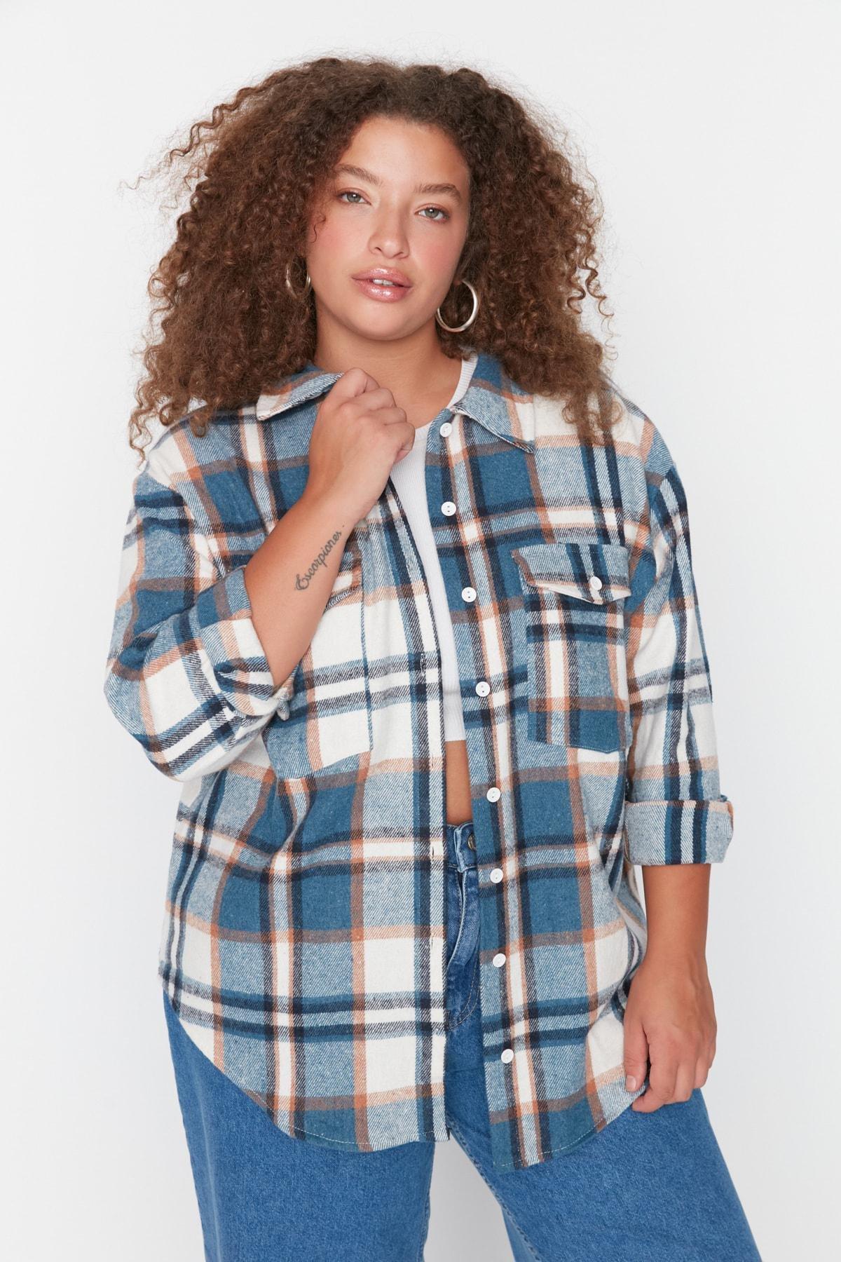 Blue Plaid Plus Size Shirt, , large image number 3