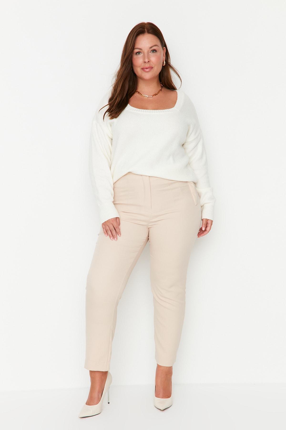 Beige Cigarette Pants Plus Size Pants, , large image number 0