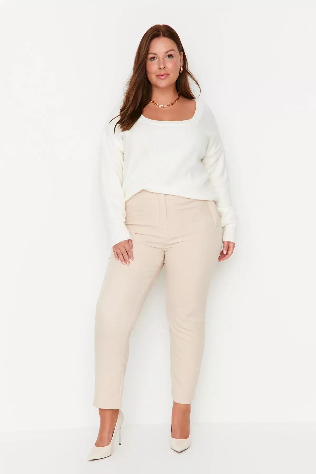 بنطال بقصة ضيقة للمقاسات الكبيرة، بيج, Beige, large image number 0