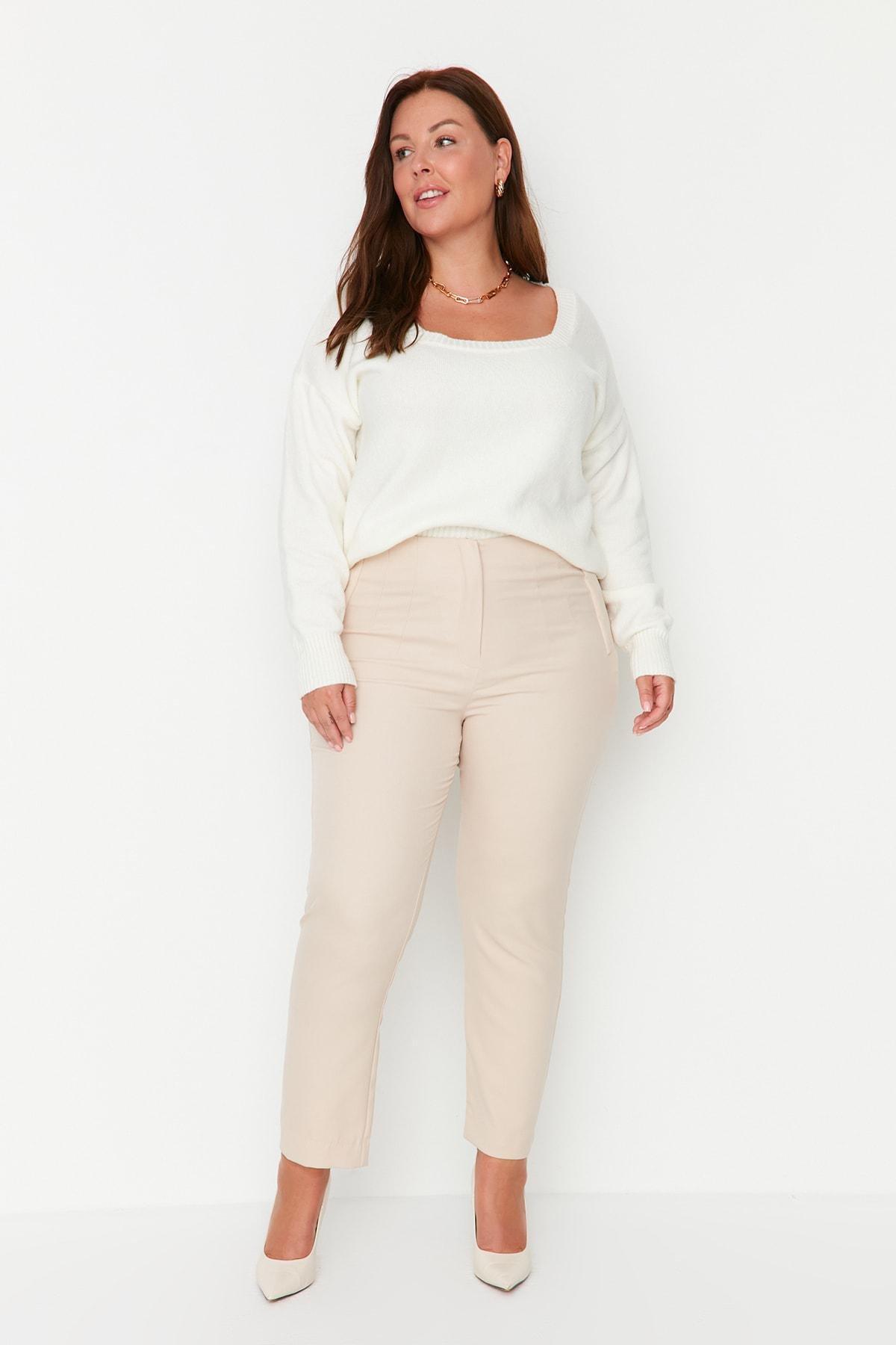 Beige Cigarette Pants Plus Size Pants, , large image number 1