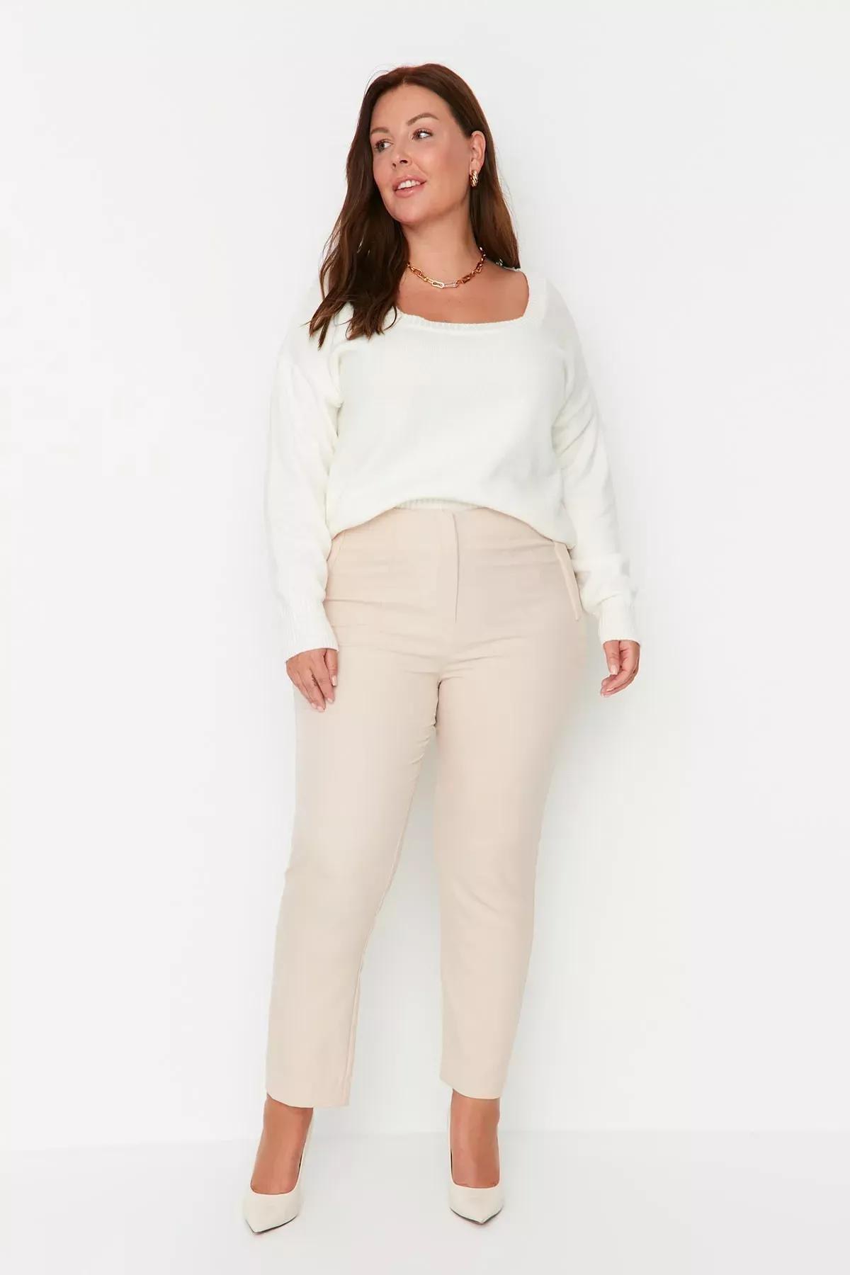 بنطال بقصة ضيقة للمقاسات الكبيرة، بيج, Beige, large image number 1