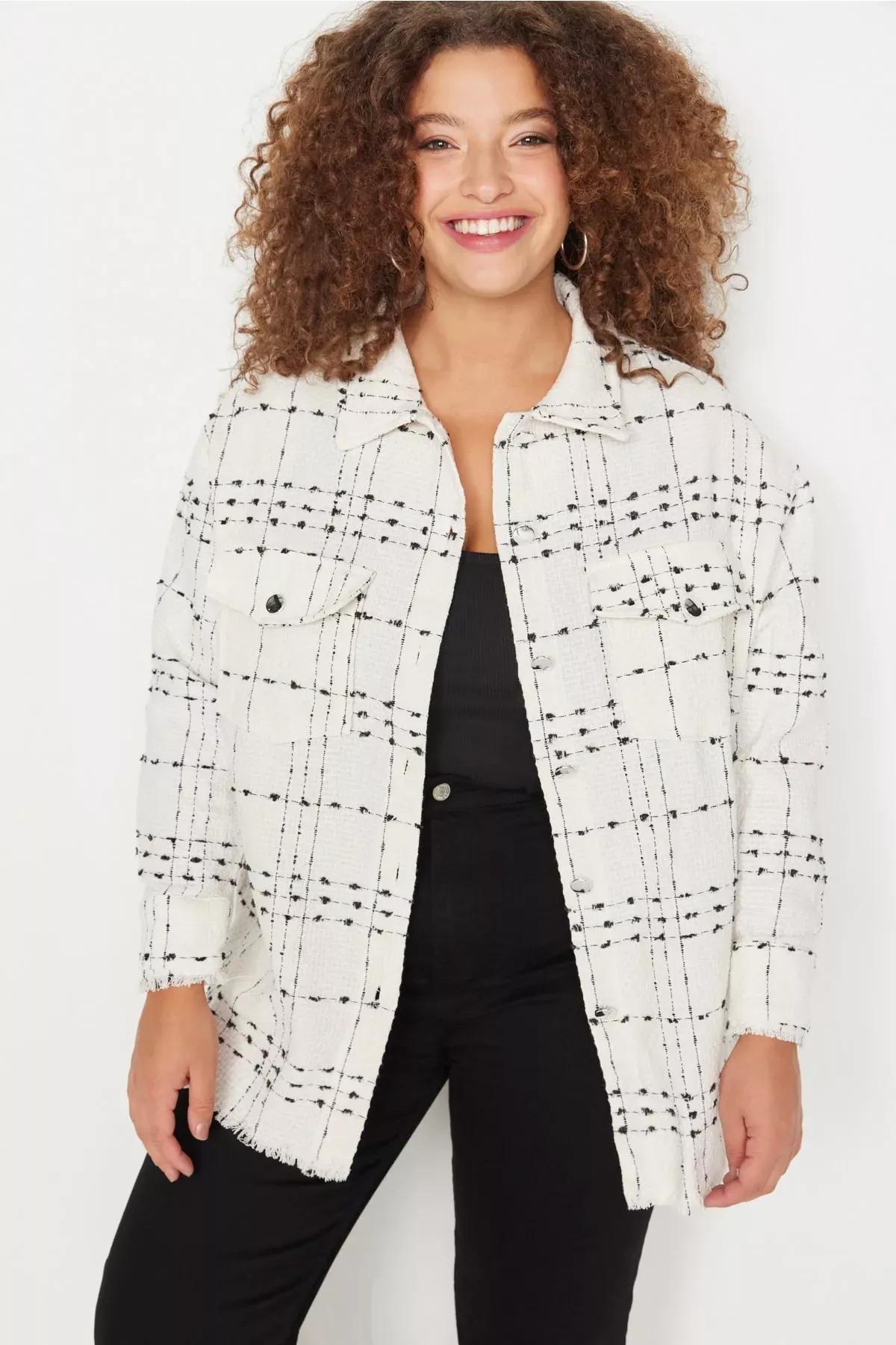 White Plaid Shirt Collar Plus Size Shirt, , large image number 0