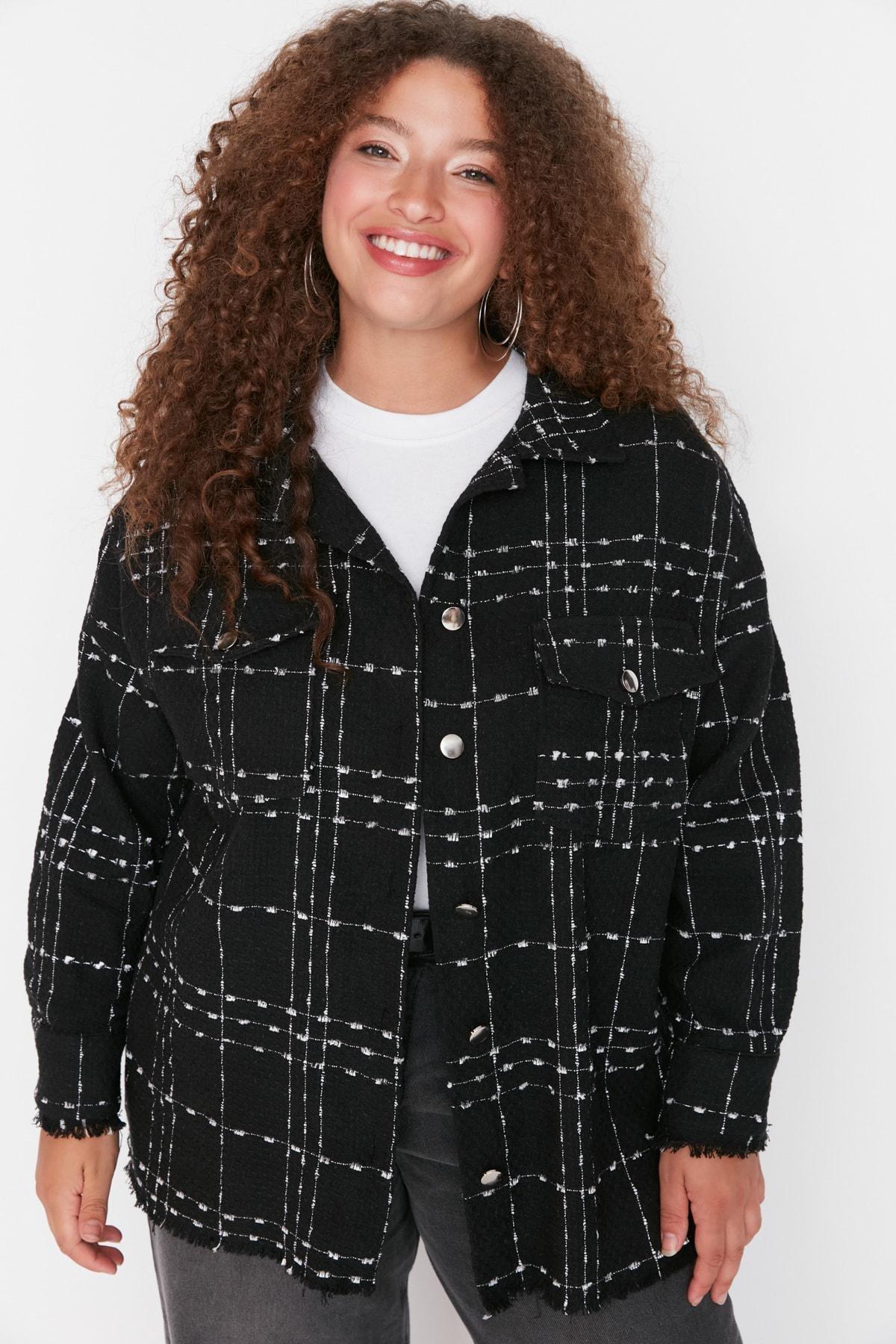 Black Plaid Plus Size Shirt, , large image number 0