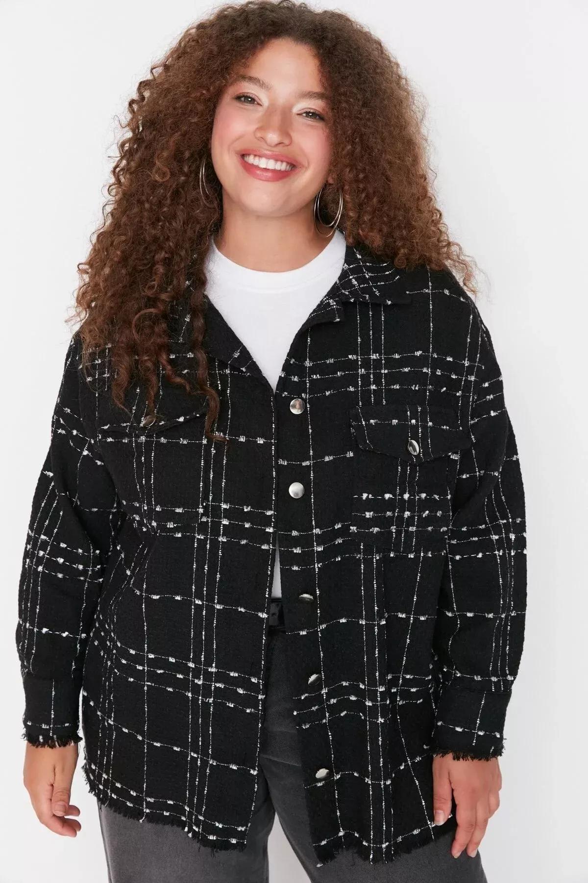 Black Plaid Plus Size Shirt, , large image number 0