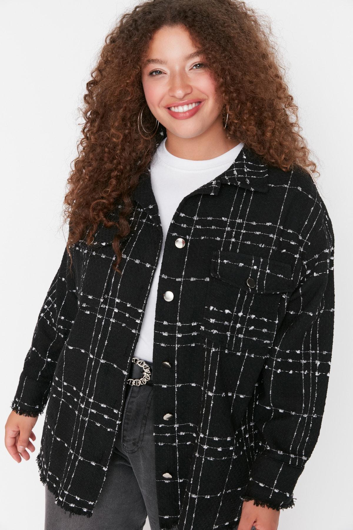 Black Plaid Plus Size Shirt, , large image number 1