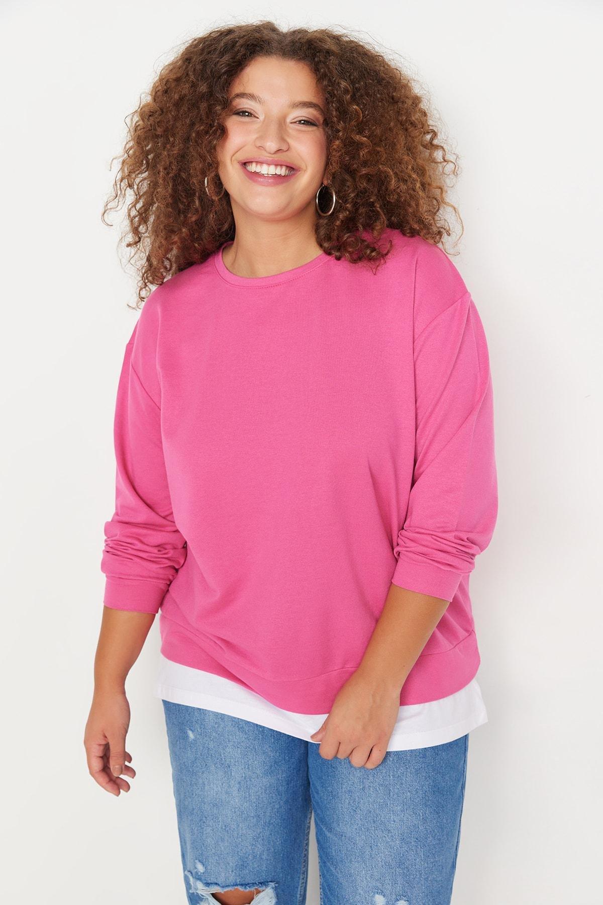 Pink Oversize Crew Neck Plus Size Sweatshirt, , large image number 0