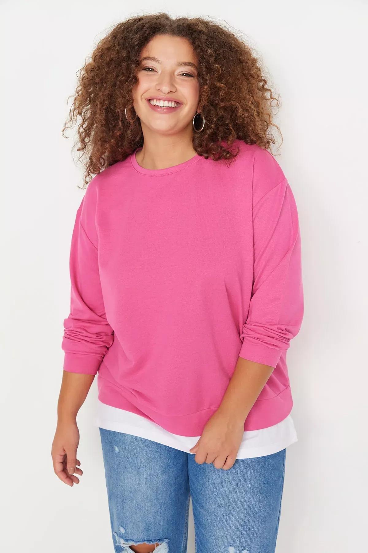 Pink Oversize Crew Neck Plus Size Sweatshirt, Pink, medium