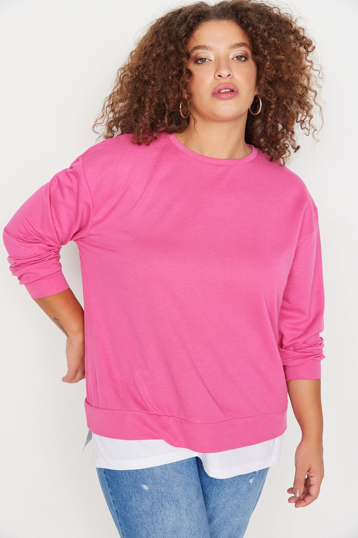 Pink Oversize Crew Neck Plus Size Sweatshirt, , large image number 3