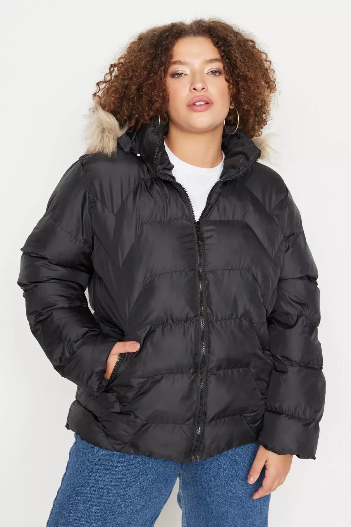 Black Hooded Plus Size Jacket, , large image number 0