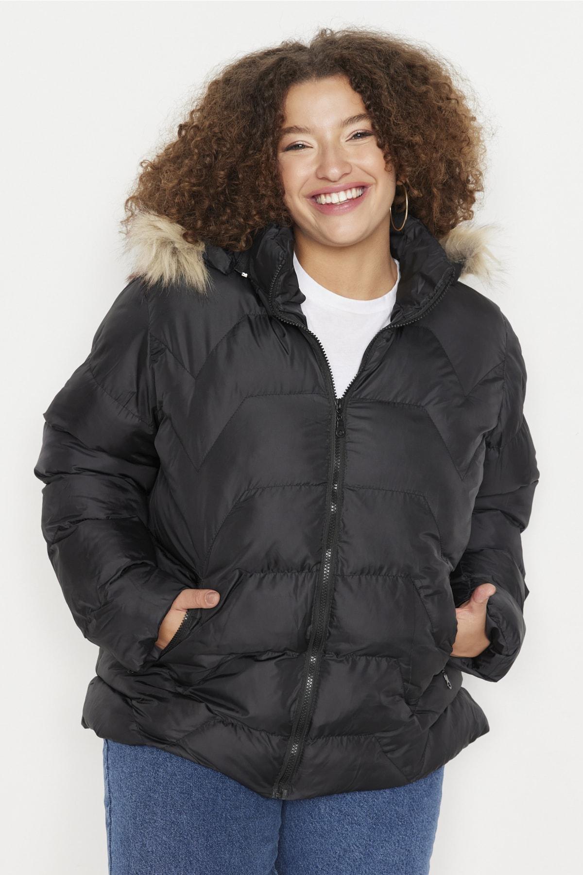 Trendyol - Black Hooded Plus Size Jacket