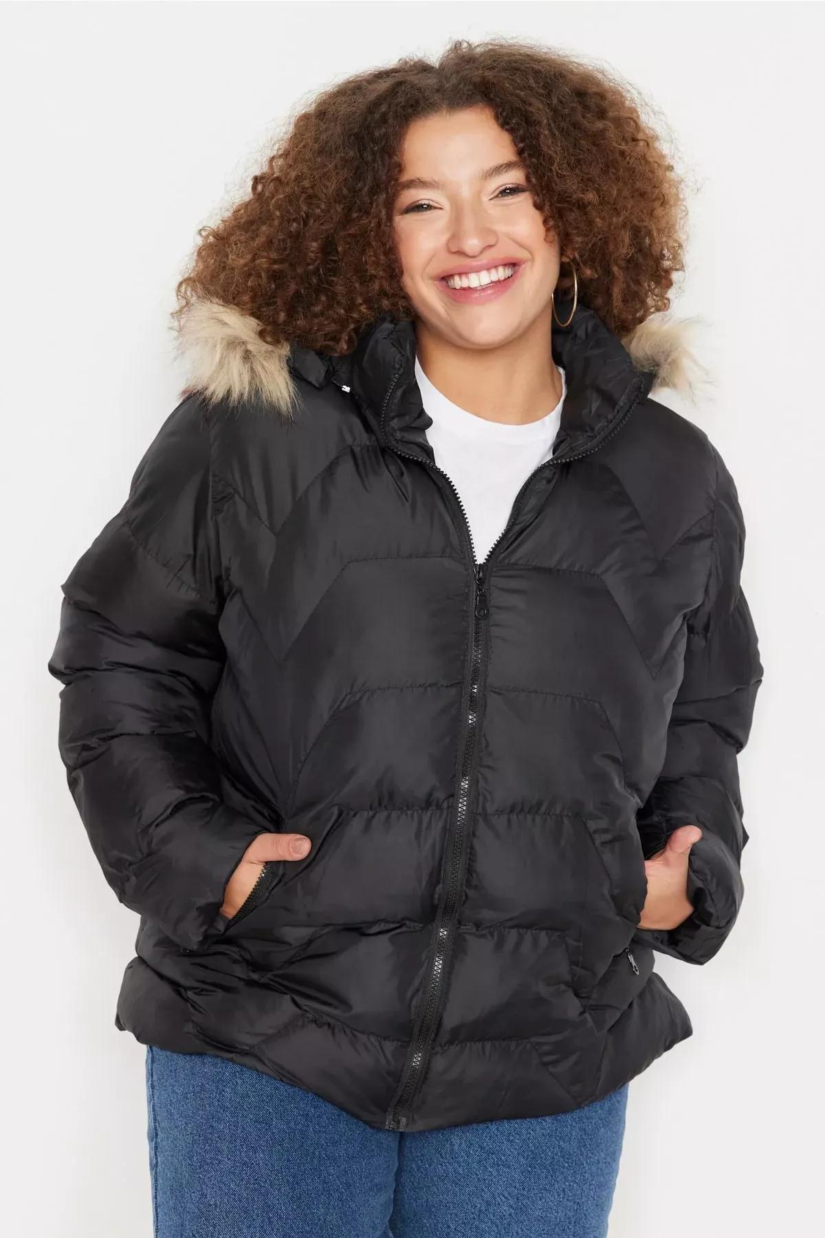 Black Hooded Plus Size Jacket, , large image number 1