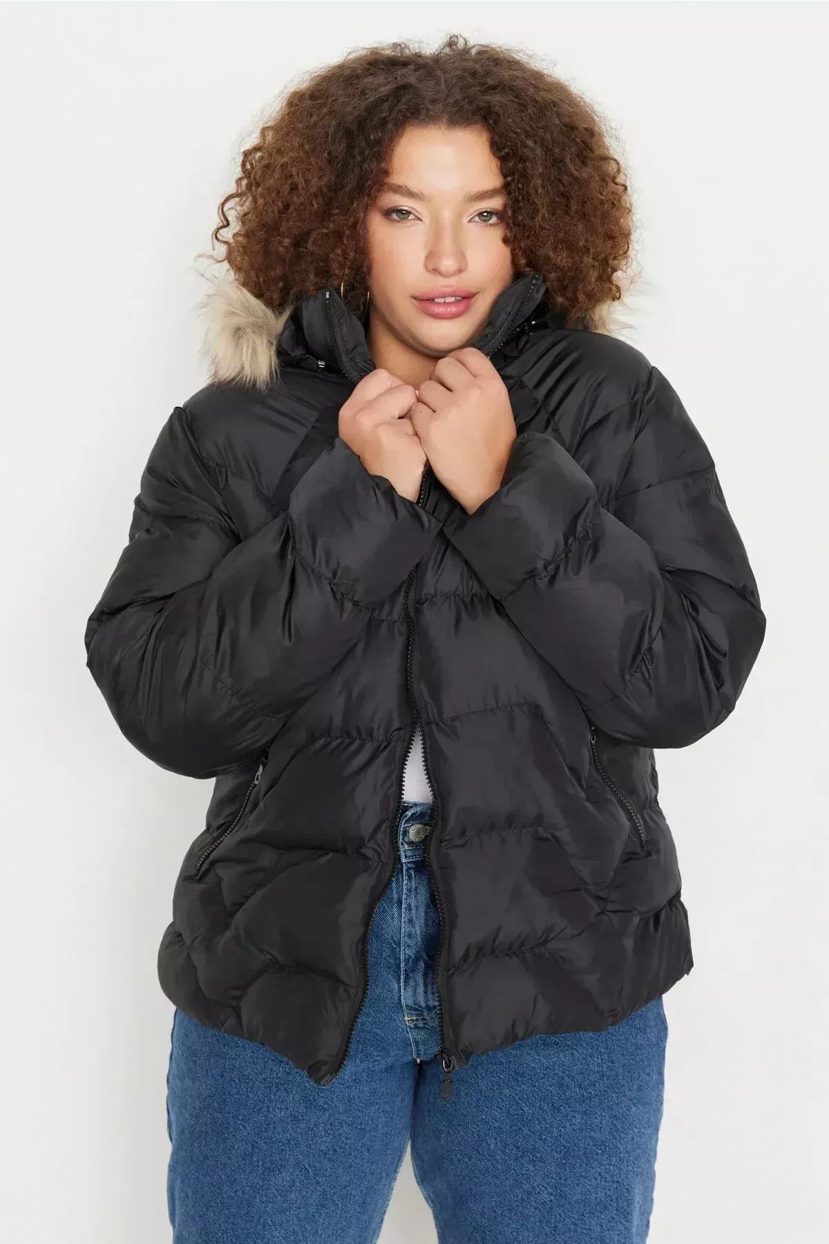 Black Hooded Plus Size Jacket, , large image number 3