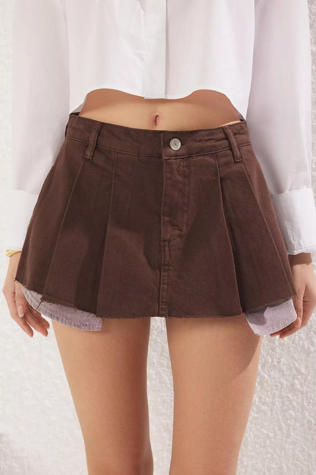 Brown Pleated Denim Skort, Brown, medium