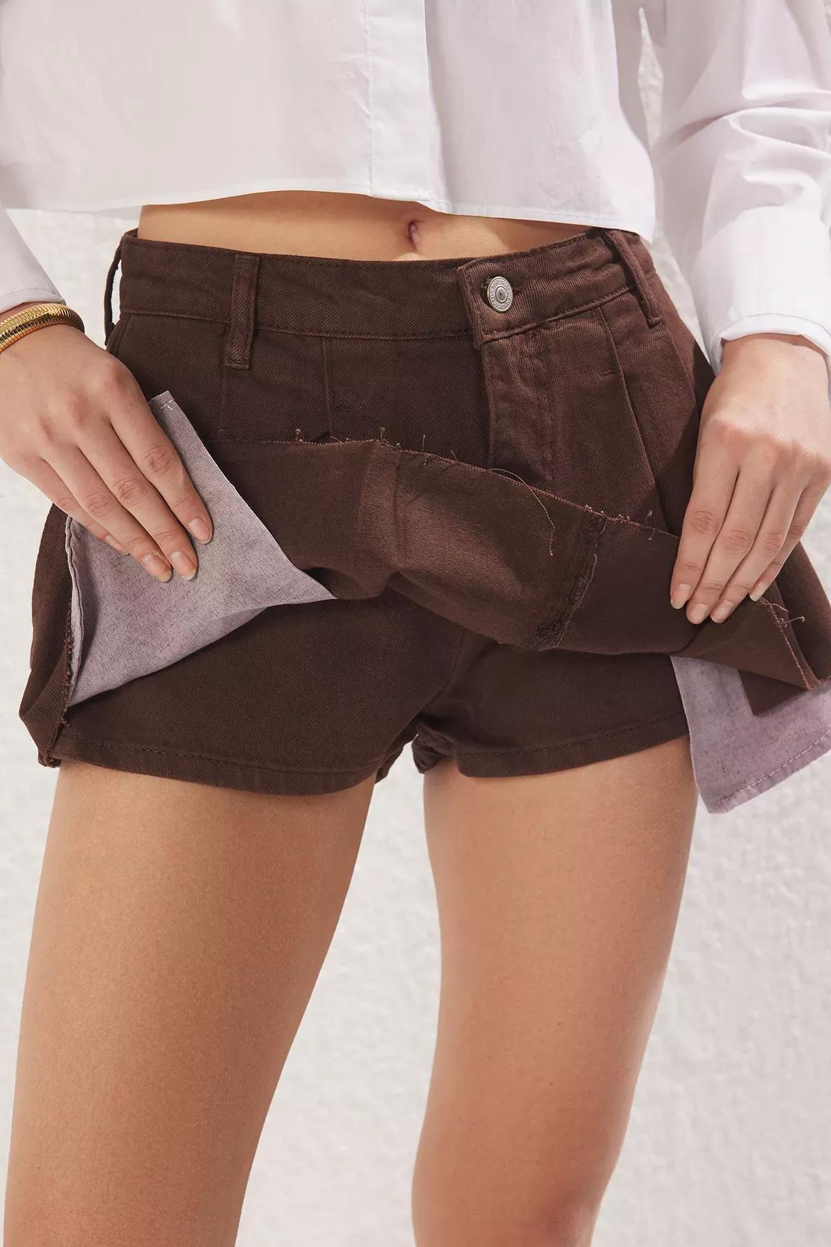 Brown Pleated Denim Skort, Brown, large image number 3