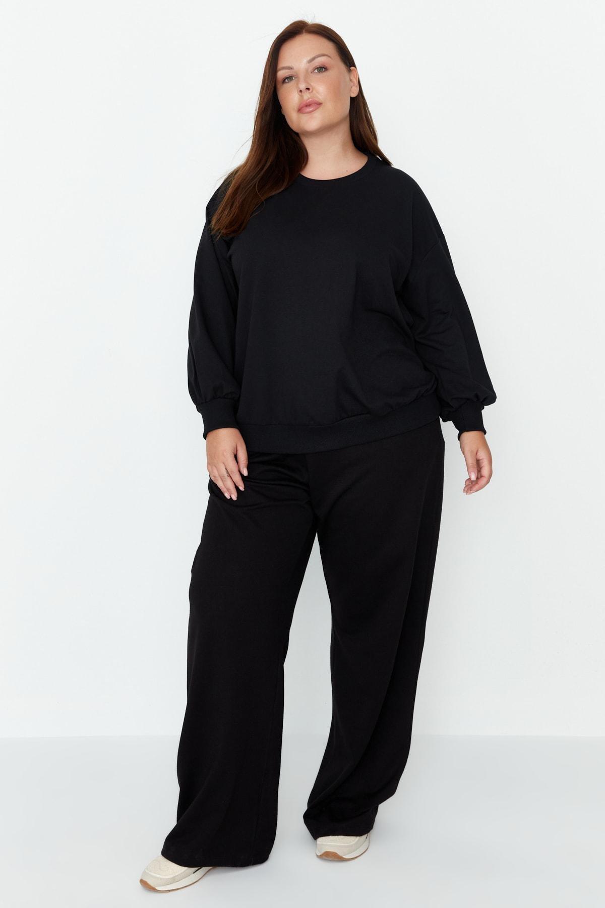 Black Wide Leg Plus Size Sweatpants, , large image number 0