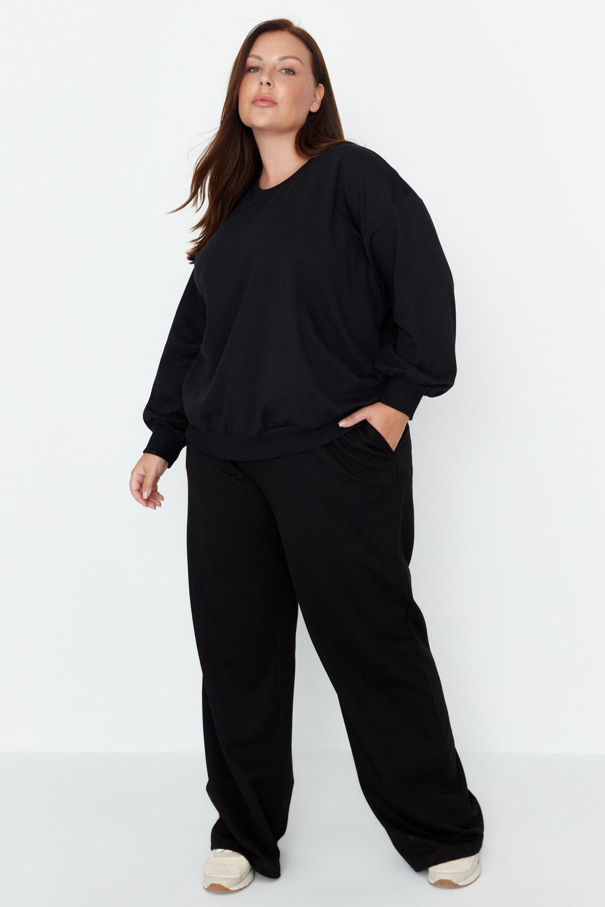 Black Wide Leg Plus Size Sweatpants, , large image number 1