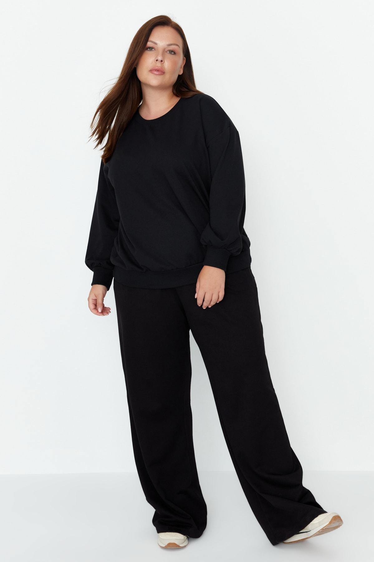 Black Wide Leg Plus Size Sweatpants, , large image number 2