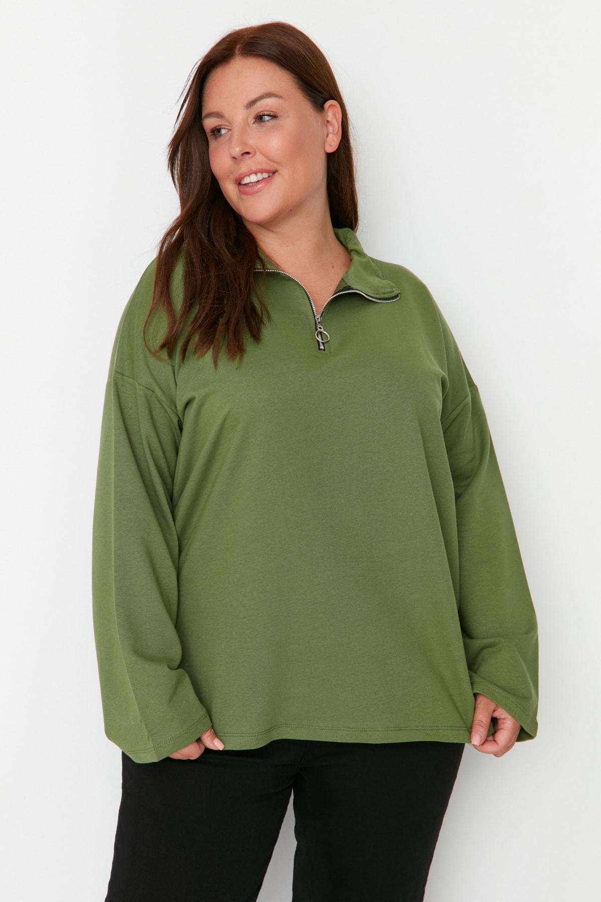 Khaki Polo Neck Plus Size Sweatshirt, , large image number 0