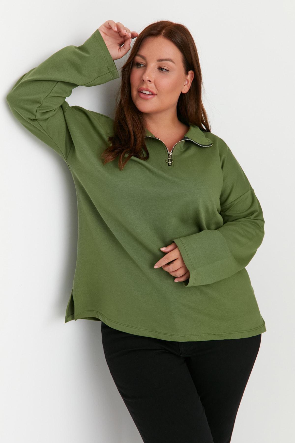 Khaki Polo Neck Plus Size Sweatshirt, , large image number 1