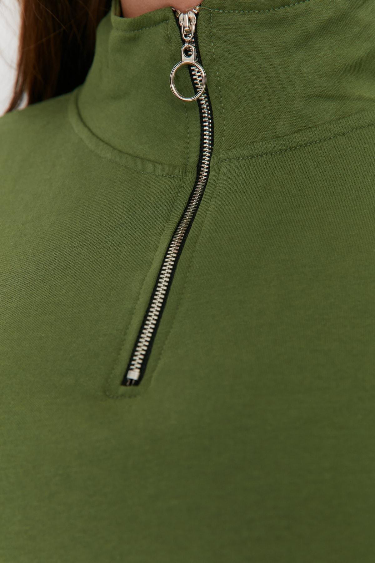 Khaki Polo Neck Plus Size Sweatshirt, , large image number 2
