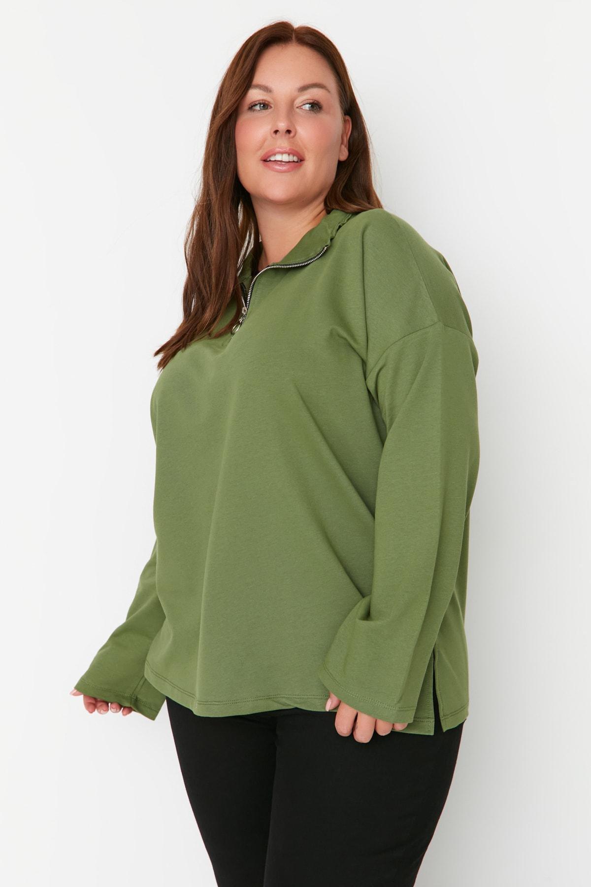 Khaki Polo Neck Plus Size Sweatshirt, , large image number 3