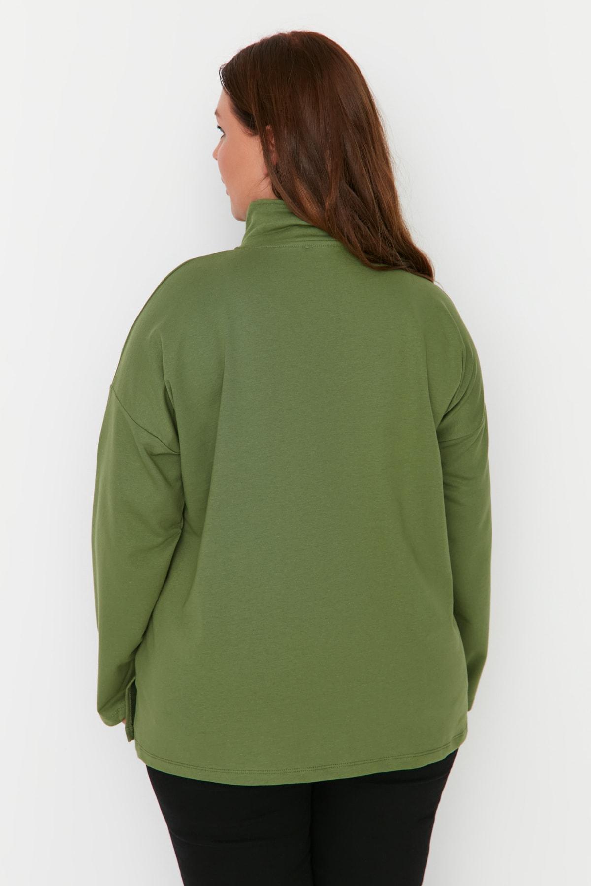 Khaki Polo Neck Plus Size Sweatshirt, , large image number 4