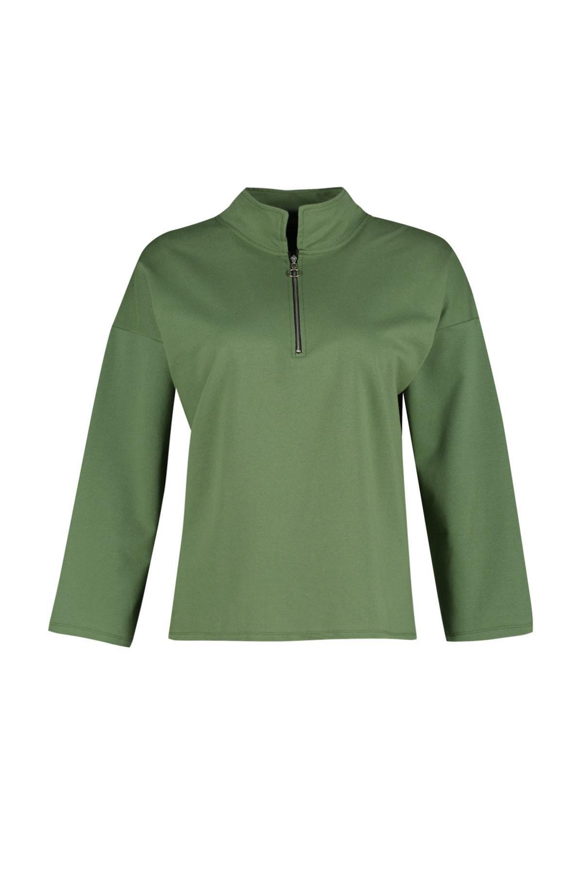 Khaki Polo Neck Plus Size Sweatshirt, , large image number 5