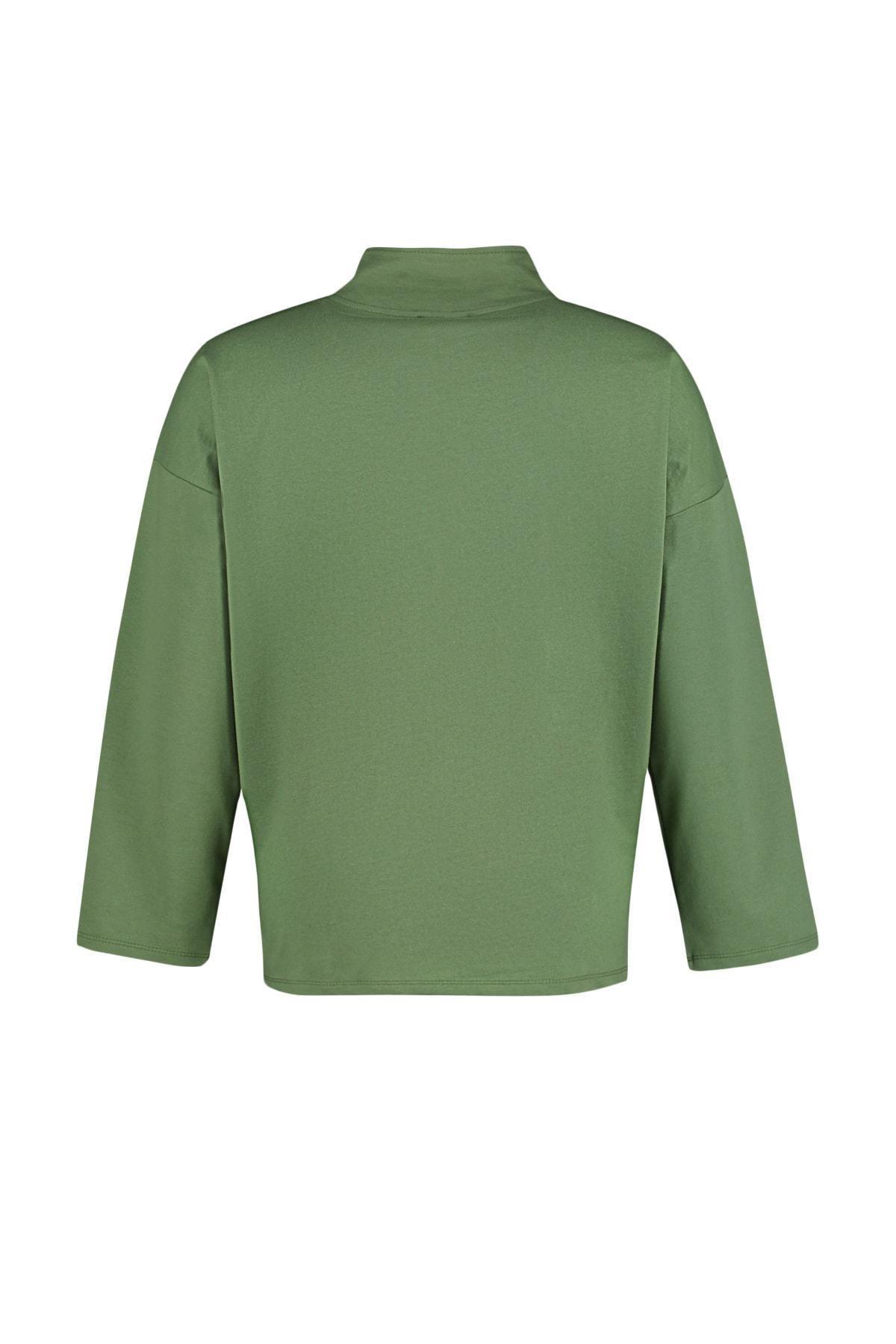 Khaki Polo Neck Plus Size Sweatshirt, , large image number 6