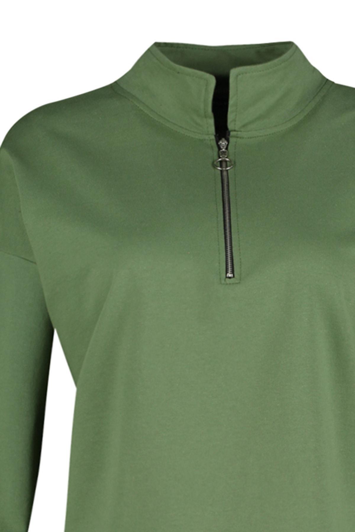 Khaki Polo Neck Plus Size Sweatshirt, , large image number 7