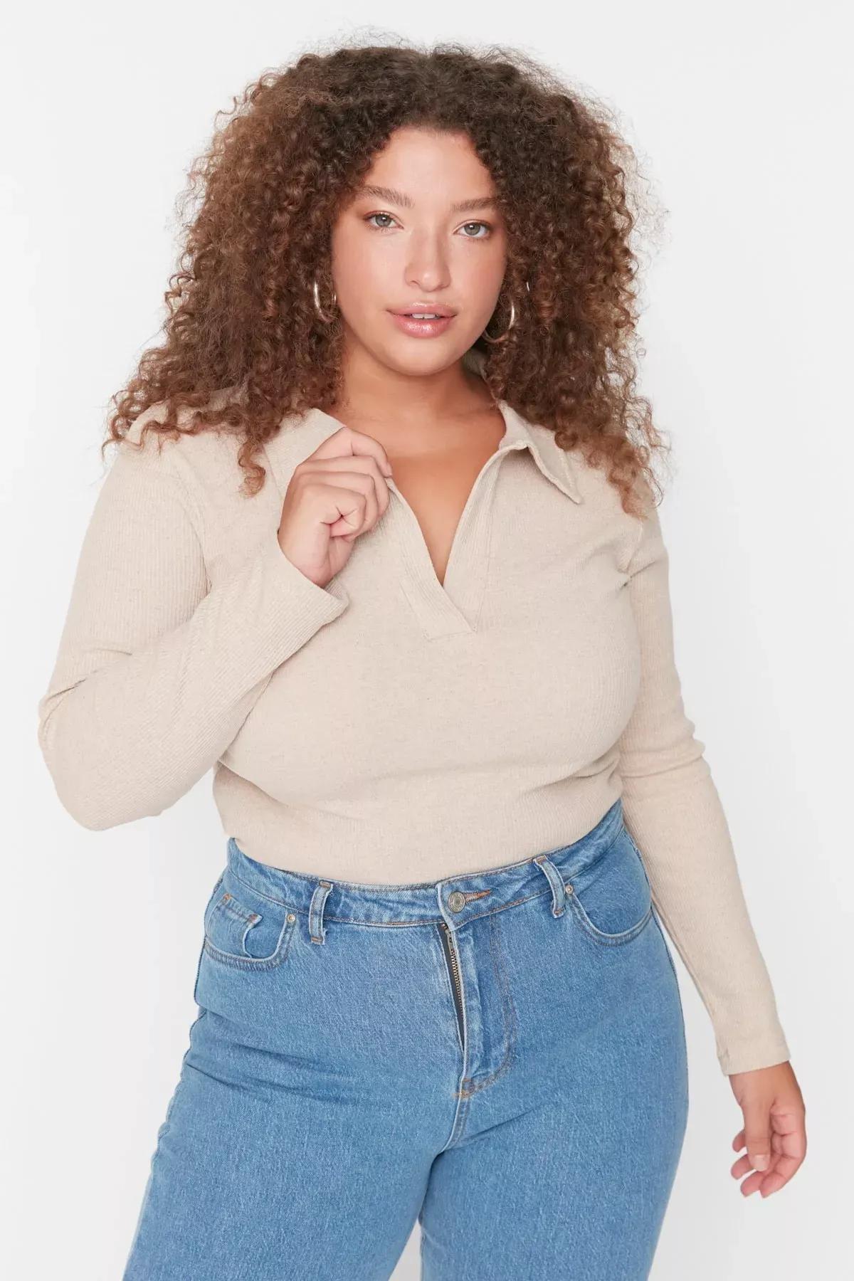 Polo Neck Plus Size Bodysuit, Beige, large image number 1