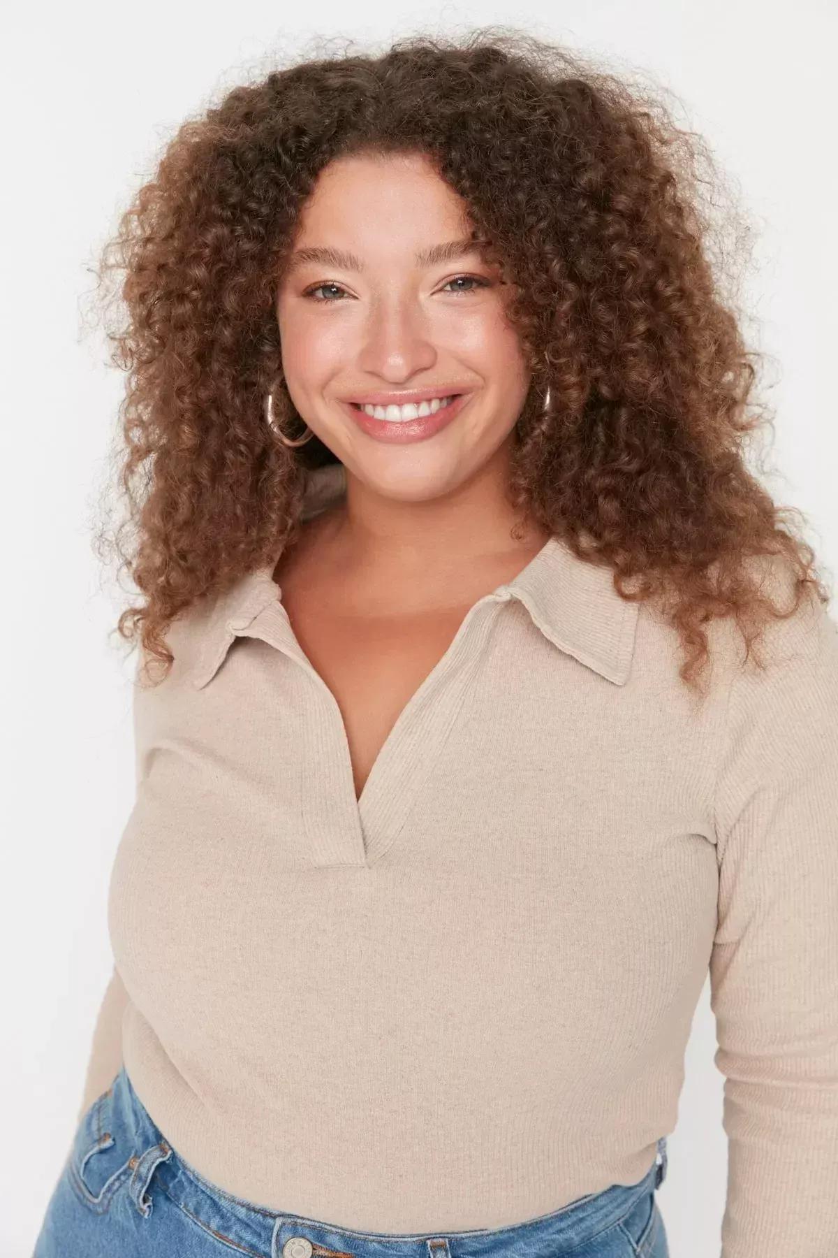Polo Neck Plus Size Bodysuit, Beige, large image number 2