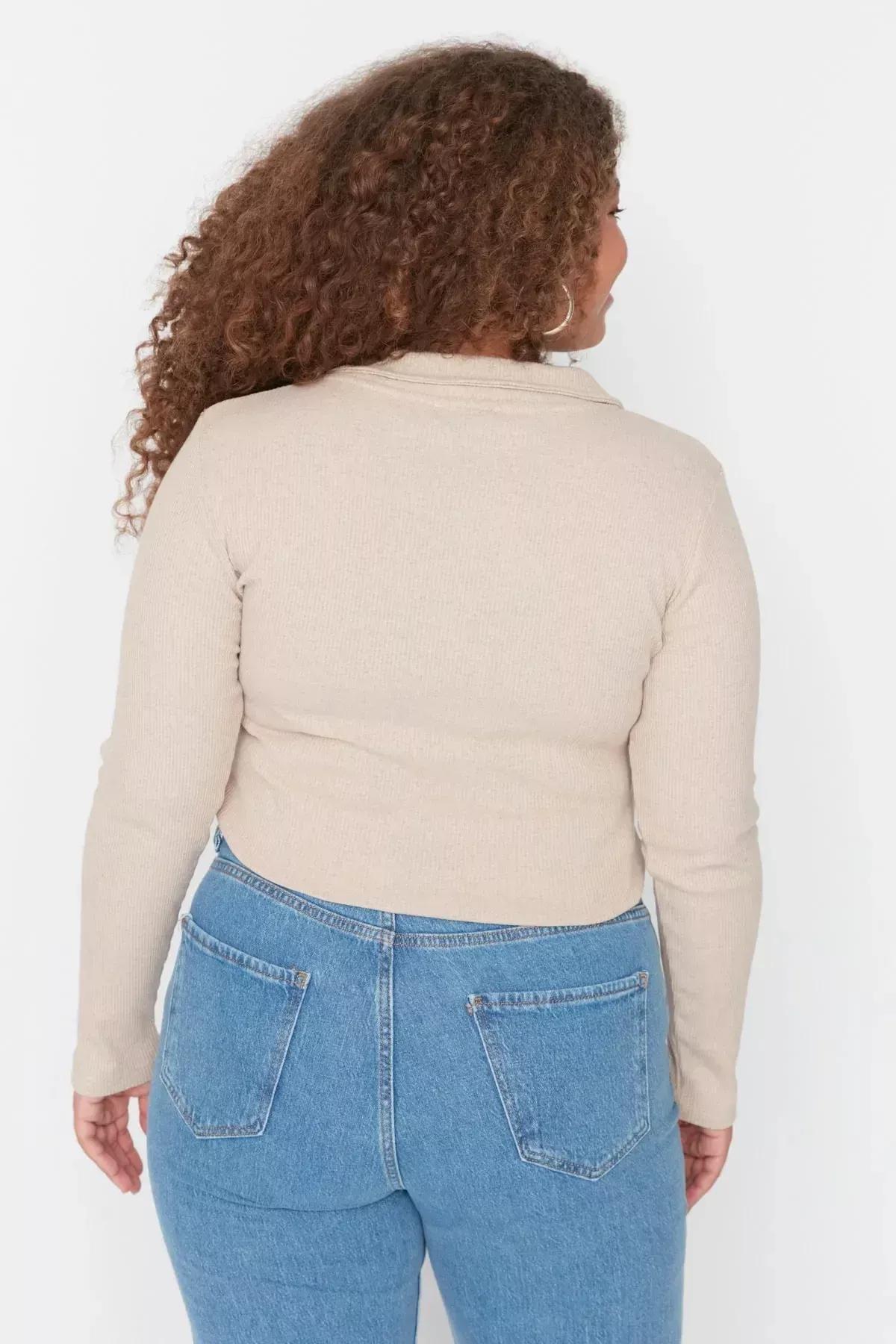 Polo Neck Plus Size Bodysuit, Beige, large image number 4