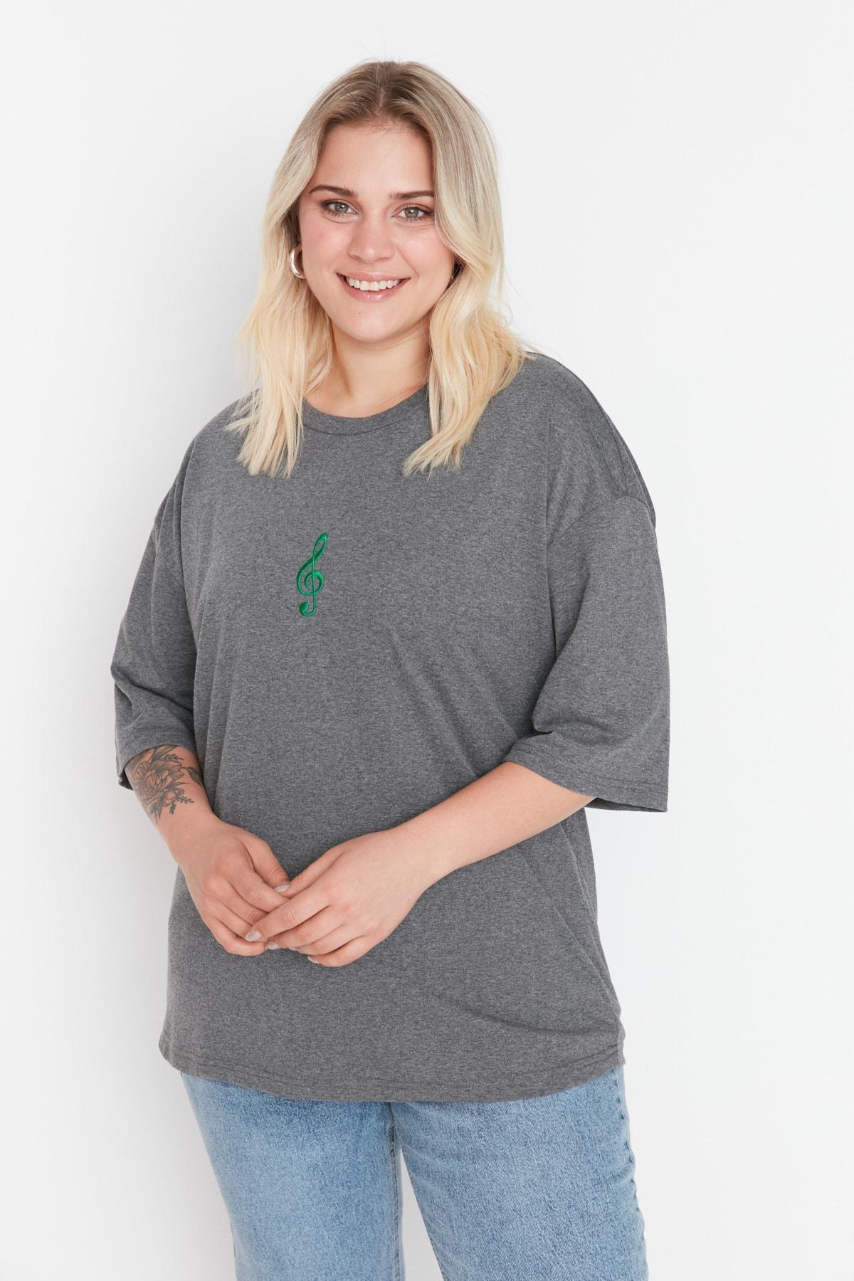 تيشيرت بفتحة رقبة مستديرة للمقاسات الكبيرة، رمادي, Gray, medium