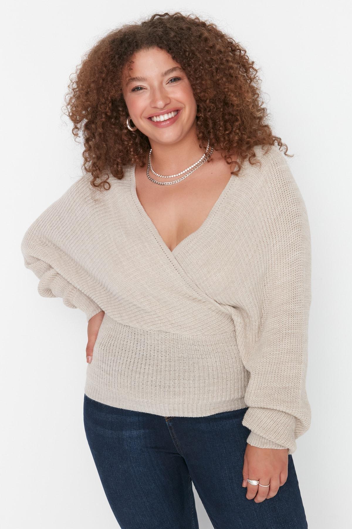 Beige Double-Breasted Plus Size Sweater, , large image number 0