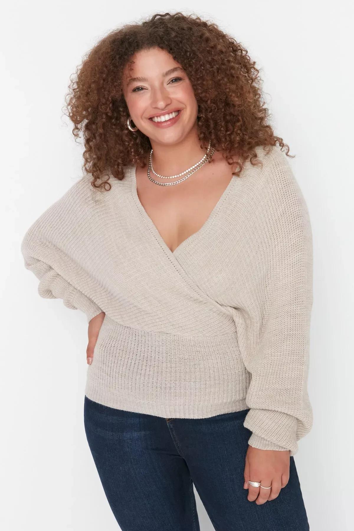 Beige Double-Breasted Plus Size Sweater, Beige, medium