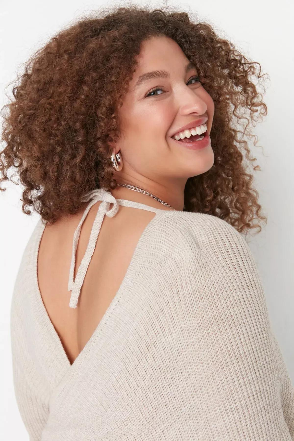 Beige Double-Breasted Plus Size Sweater, Beige, medium