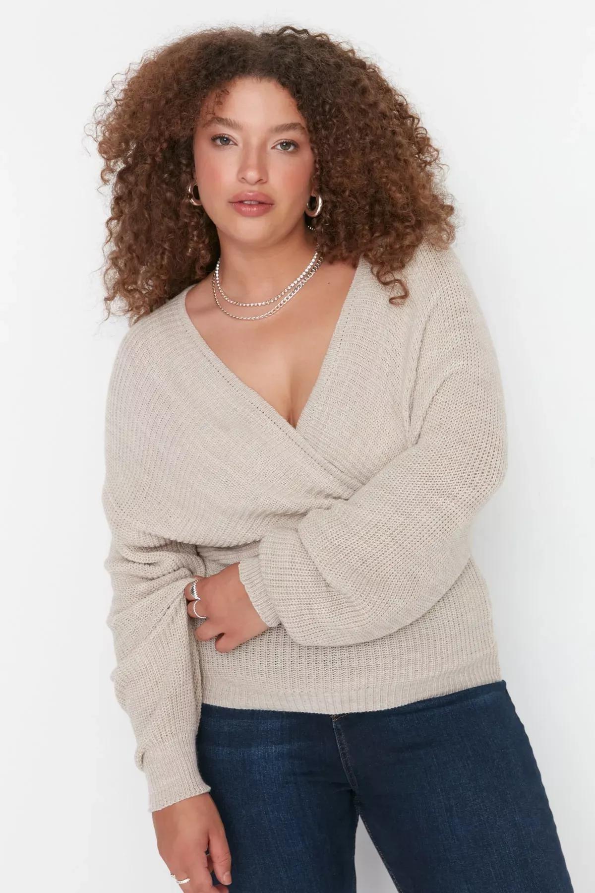 Beige Double-Breasted Plus Size Sweater, Beige, medium