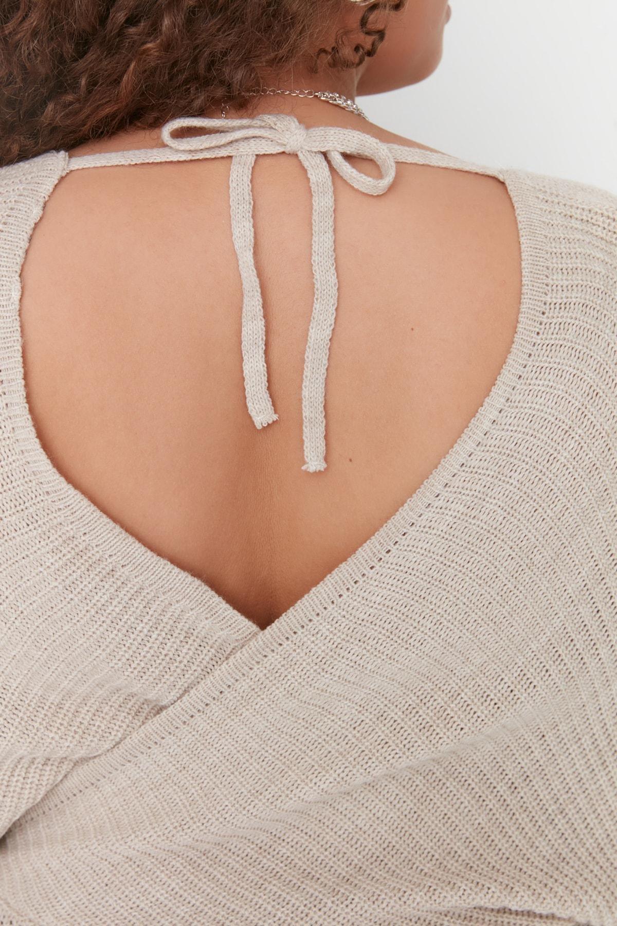 Beige Double-Breasted Plus Size Sweater, , large image number 3