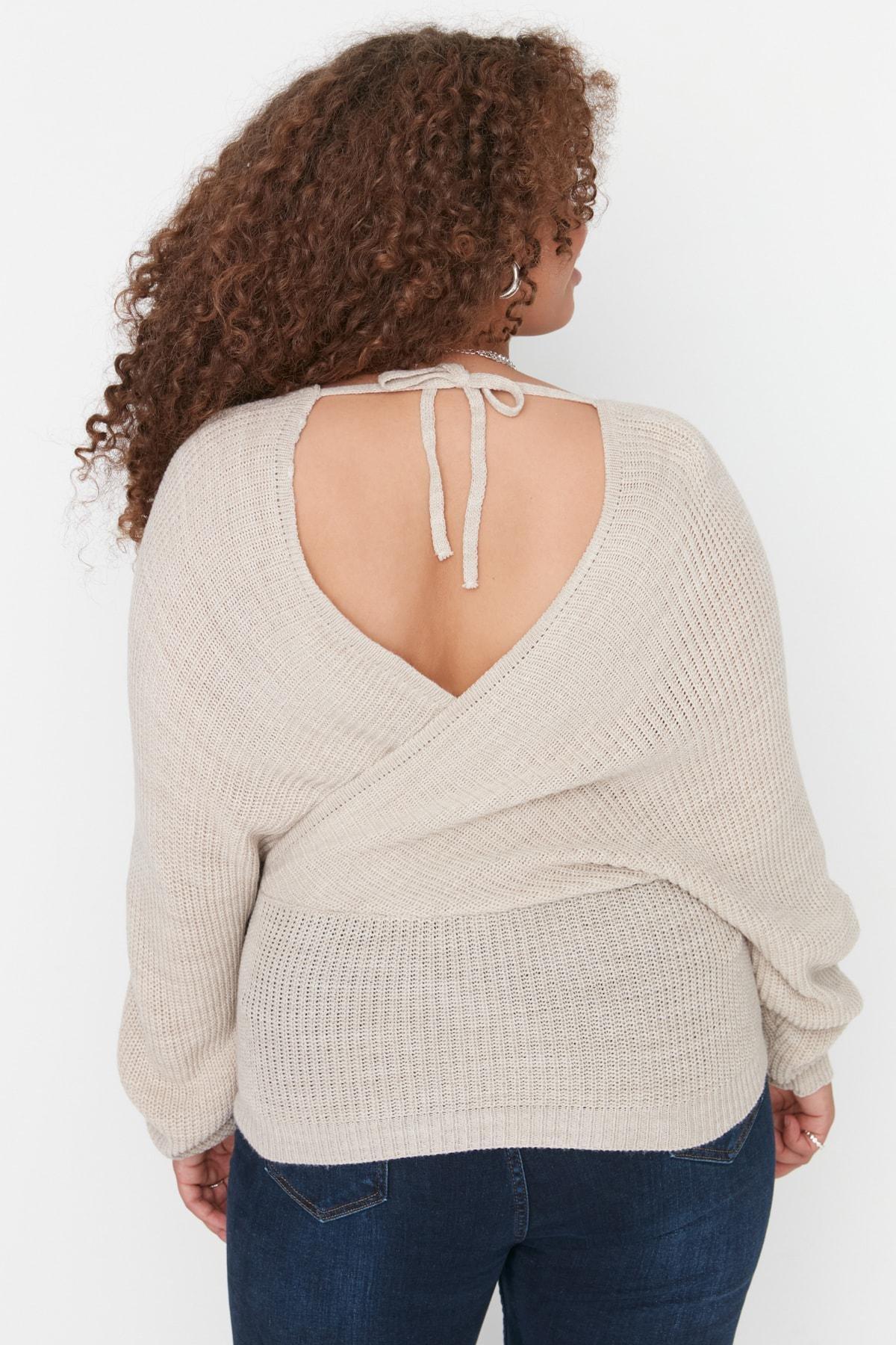 Beige Double-Breasted Plus Size Sweater, , large image number 4