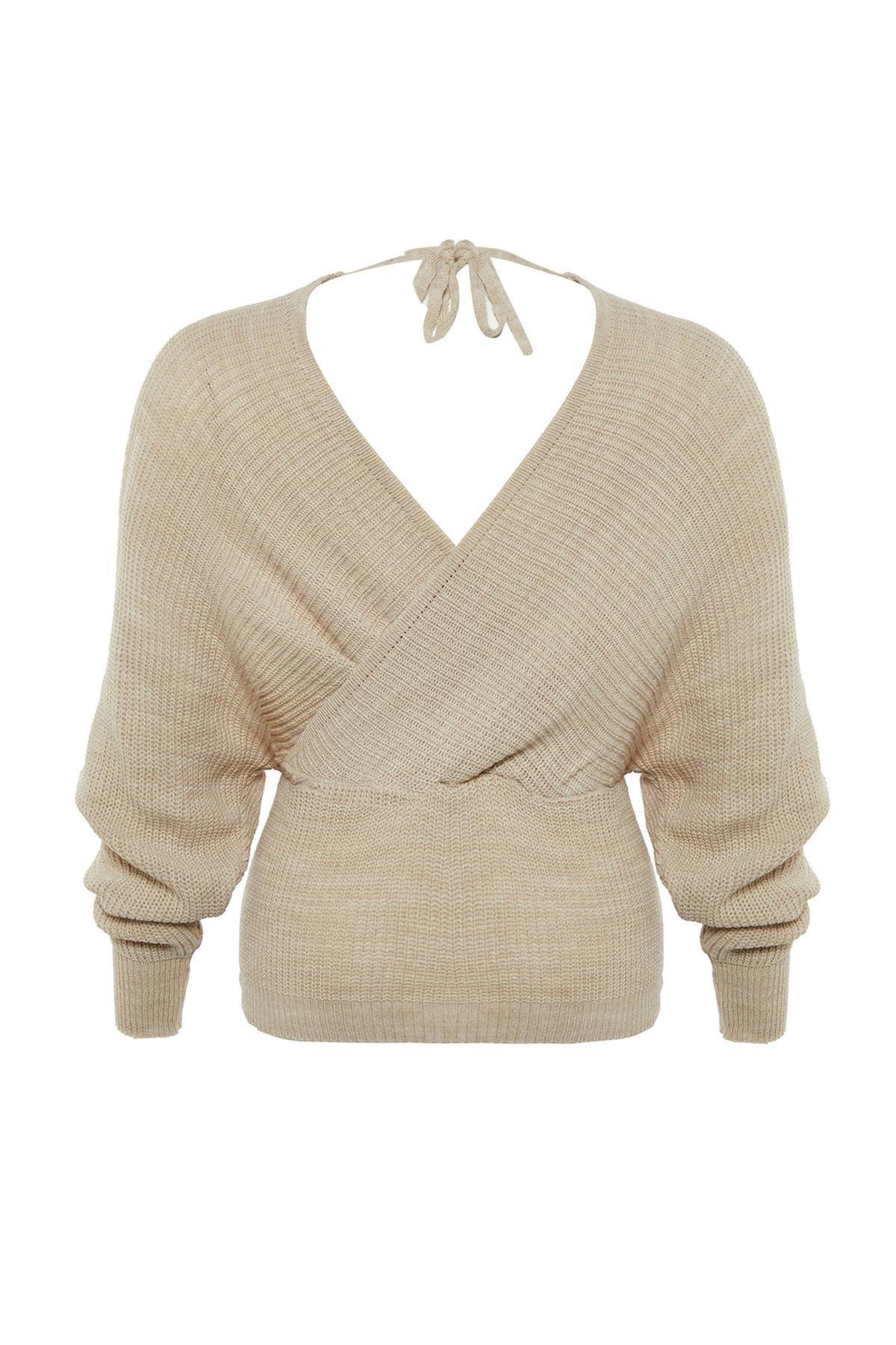 Beige Double-Breasted Plus Size Sweater, , large image number 6