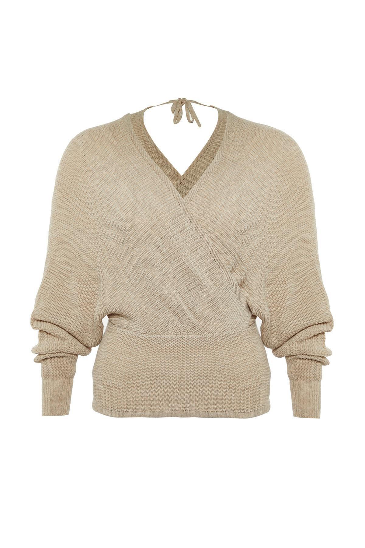 Beige Double-Breasted Plus Size Sweater, , large image number 7