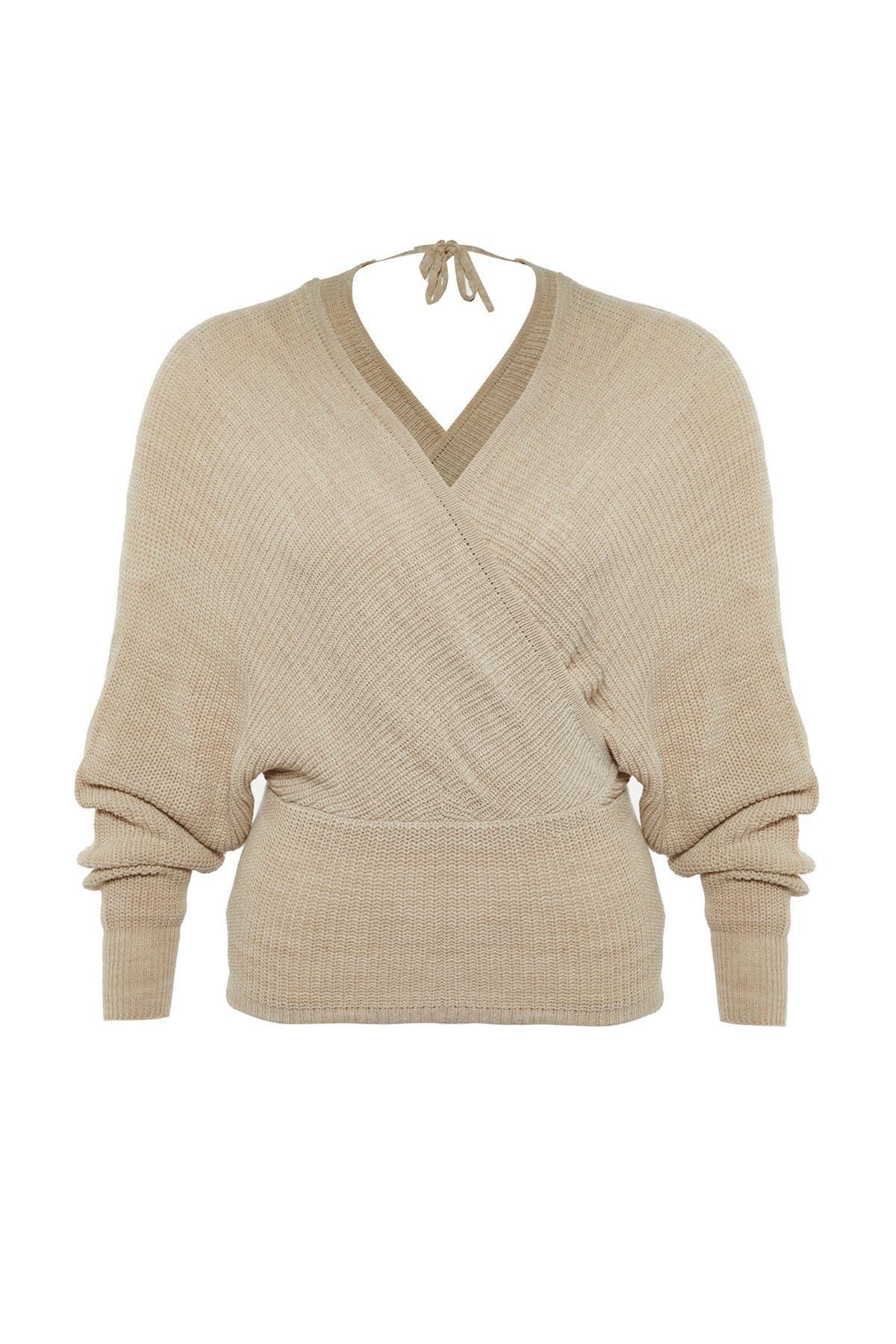 Trendyol - Beige Double-Breasted Plus Size Sweater