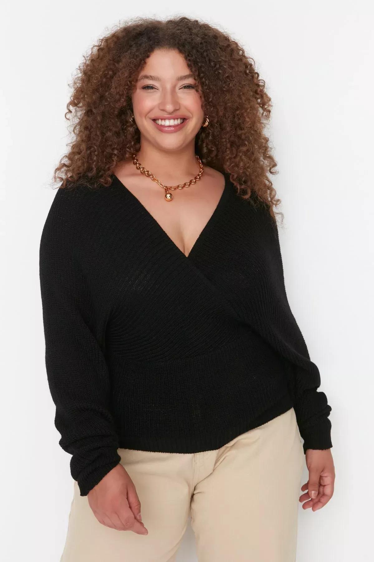 Black Double-Breasted Plus Size Sweater, Black, medium