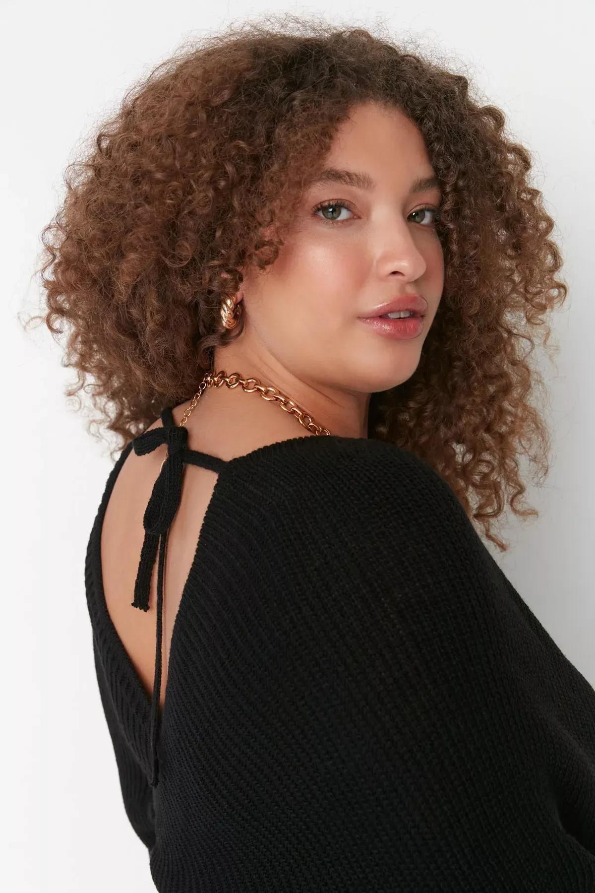 Black Double-Breasted Plus Size Sweater, Black, medium