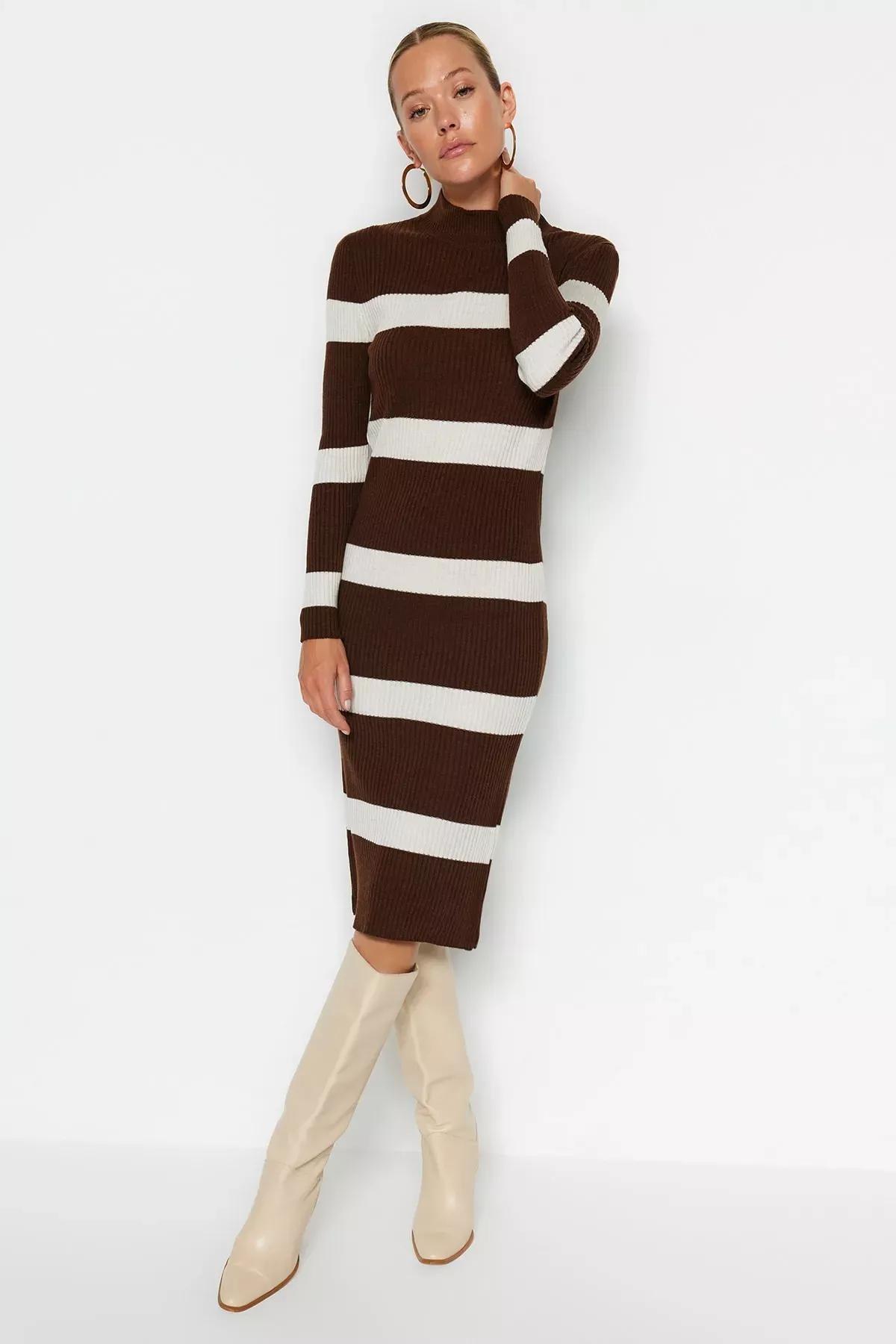 Brown Striped Bodycon Dress, , medium