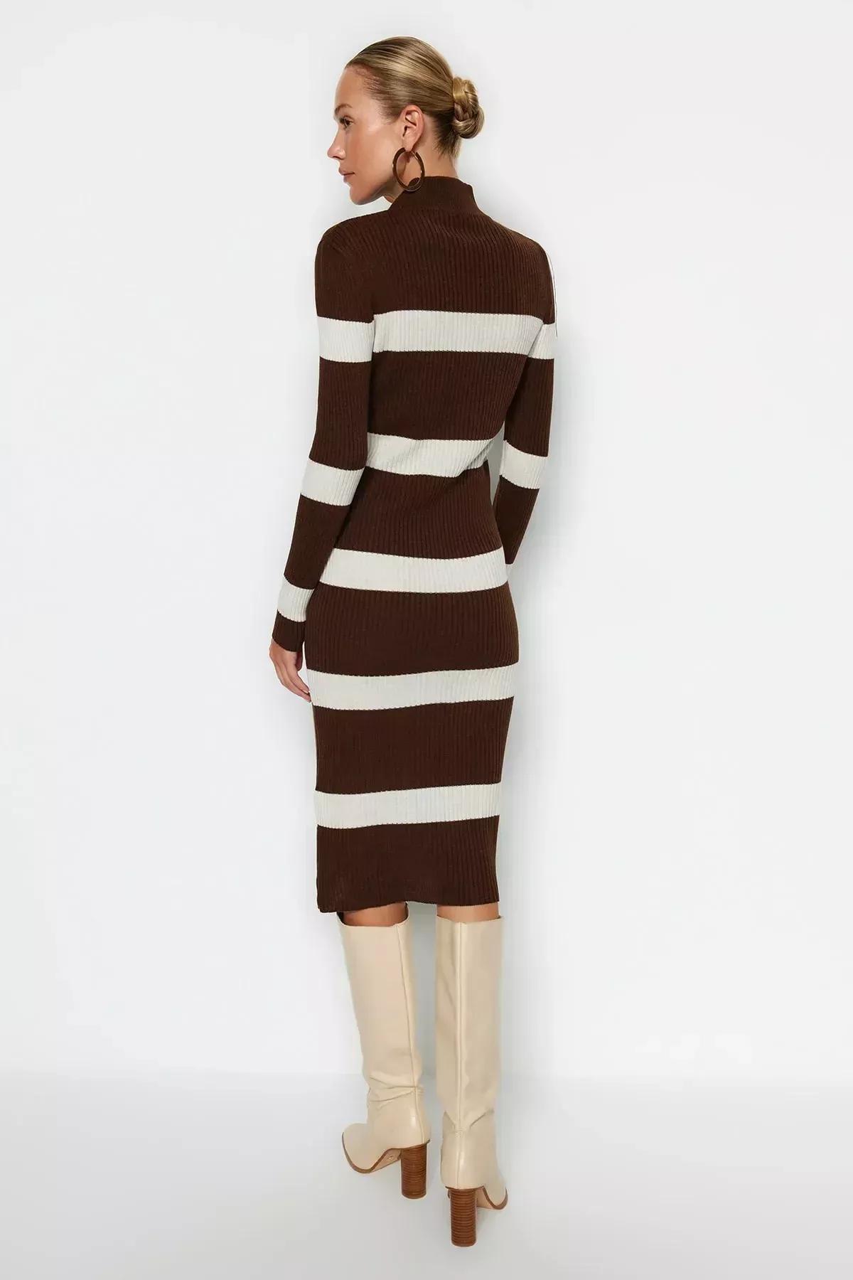 فستان مخطط بقصة ضيقة، بني, Brown, large image number 4
