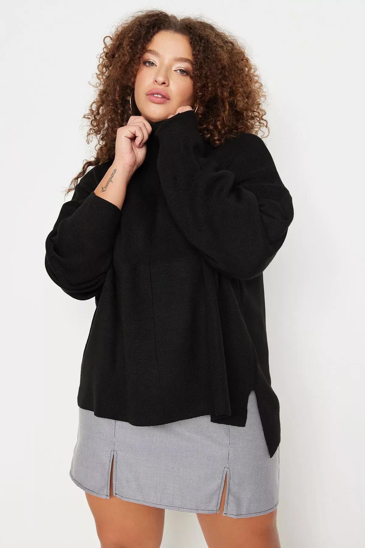 Black Crew Neck Plus Size Sweater, , large image number 0